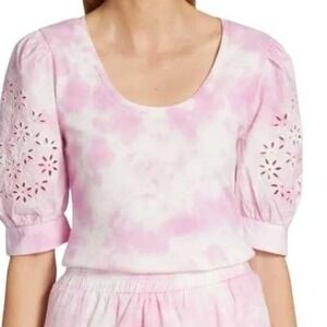 Generation Love Tie Dye Top Womens XS Pink Excellent Eyelet Puff Sleeve Ribbed